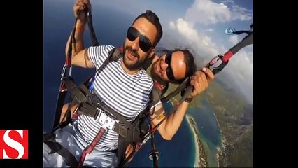 Paraşütle ilk defa atlayan tatilcinin görüntüleri güldürdü