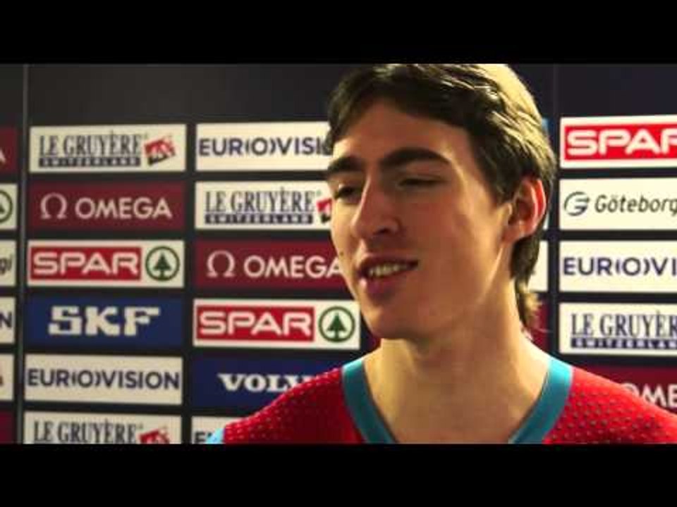 Hurdler Sergey Shubenkov gives a short reaction after the heats of the 60m hurdles