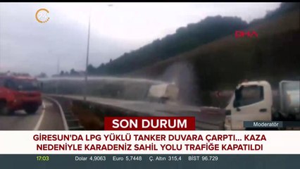 Giresun'da LPG yüklü tanker duvara çarptı