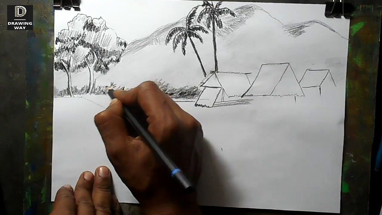 How to draw village secnery step by step with charcoal pencils ( 170 )