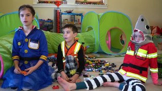 Pretend Play Cleanup of Huge Toy Collection using Trucks + Crazy Costumes