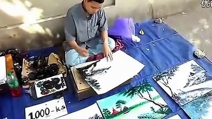 Unbelievable Chinese Street Painter!! Super fast drawing and amazing works!