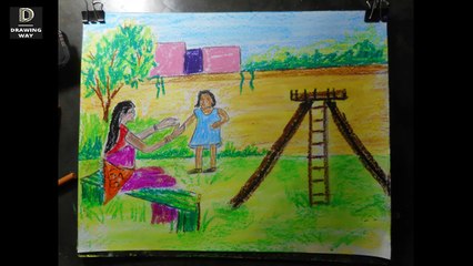 How to draw Park secnary with oil pastels for kids ( 179)