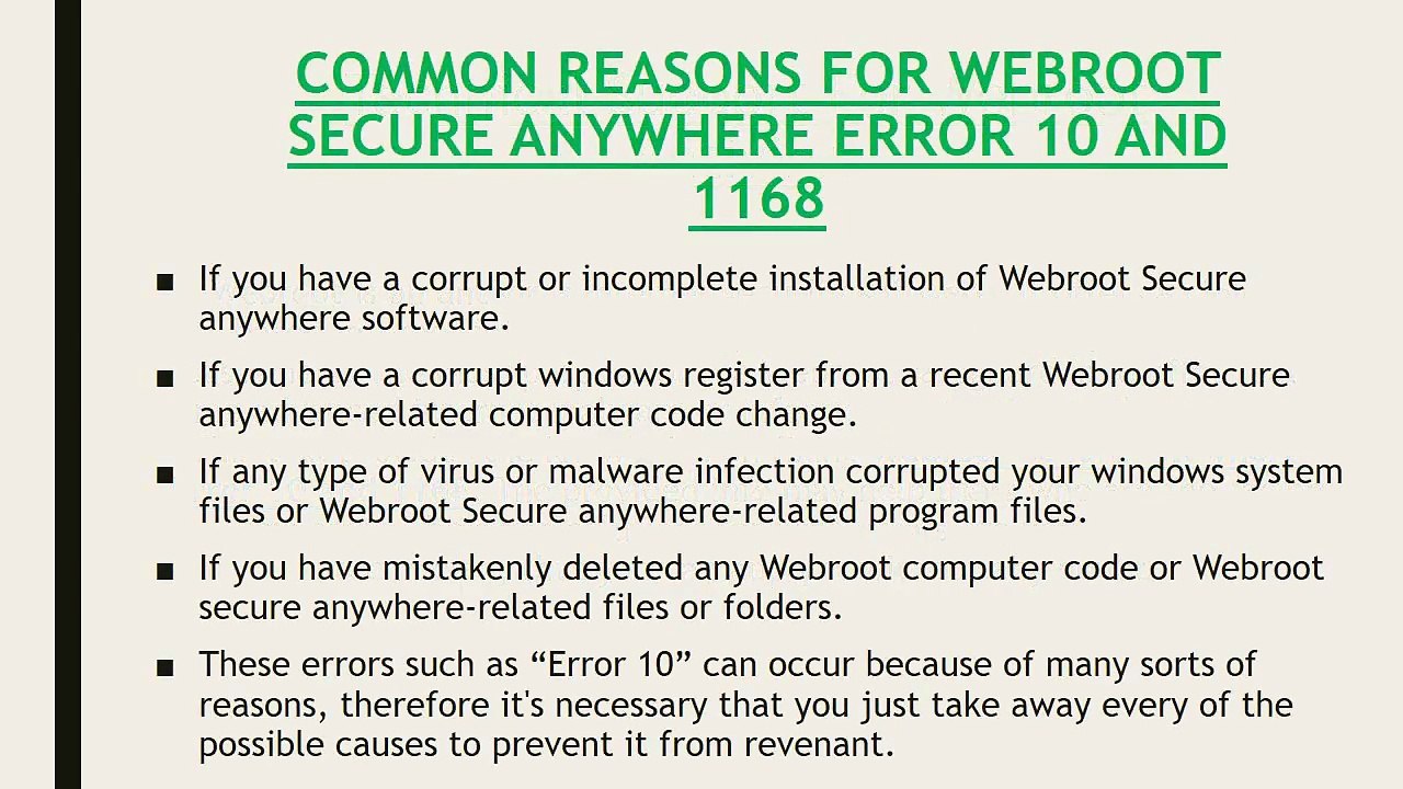 How do you fix Webroot Secure Anywhere error 10 and 1168?