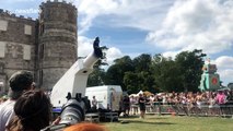 Human Cannonball Rodrigo Pérez  flies through the air at Bestival 2018