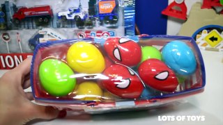 Play Doh and Mini Vehicles!! Spiderman Eggs, Construction Toys, Airplane Set, Fire Truck S