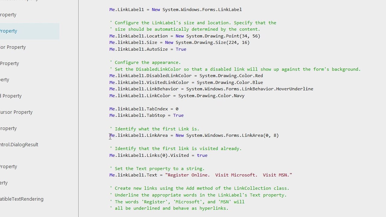 How to Use the Visual Studio LinkArea Editor to Change Windows Forms LinkLabel LinkArea Property