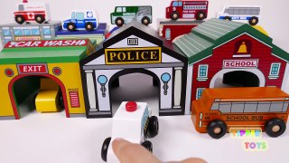 Toy Vehicles Inside Their Garage Parking Spaces Police Car Fire Truck Garbage Truck