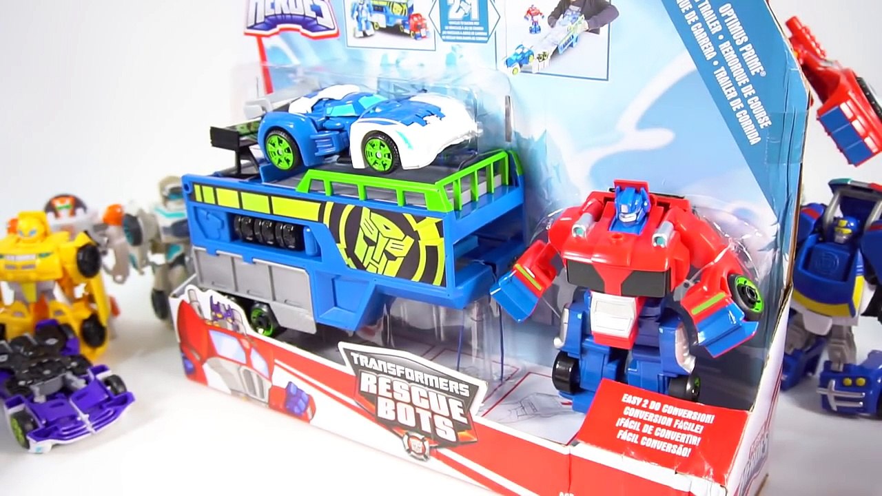 TRANSFORMERS RESCUE BOTS OPTIMUS PRIME RACING TRAILER HAULER BLURR SIDESWIPE BUMBLEBEE TOY