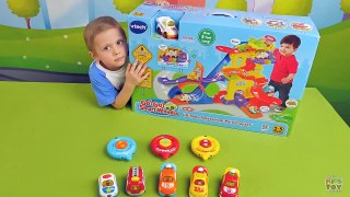 Track Vtech with cars. Police car, fire truck, racing car. Overview toys for children