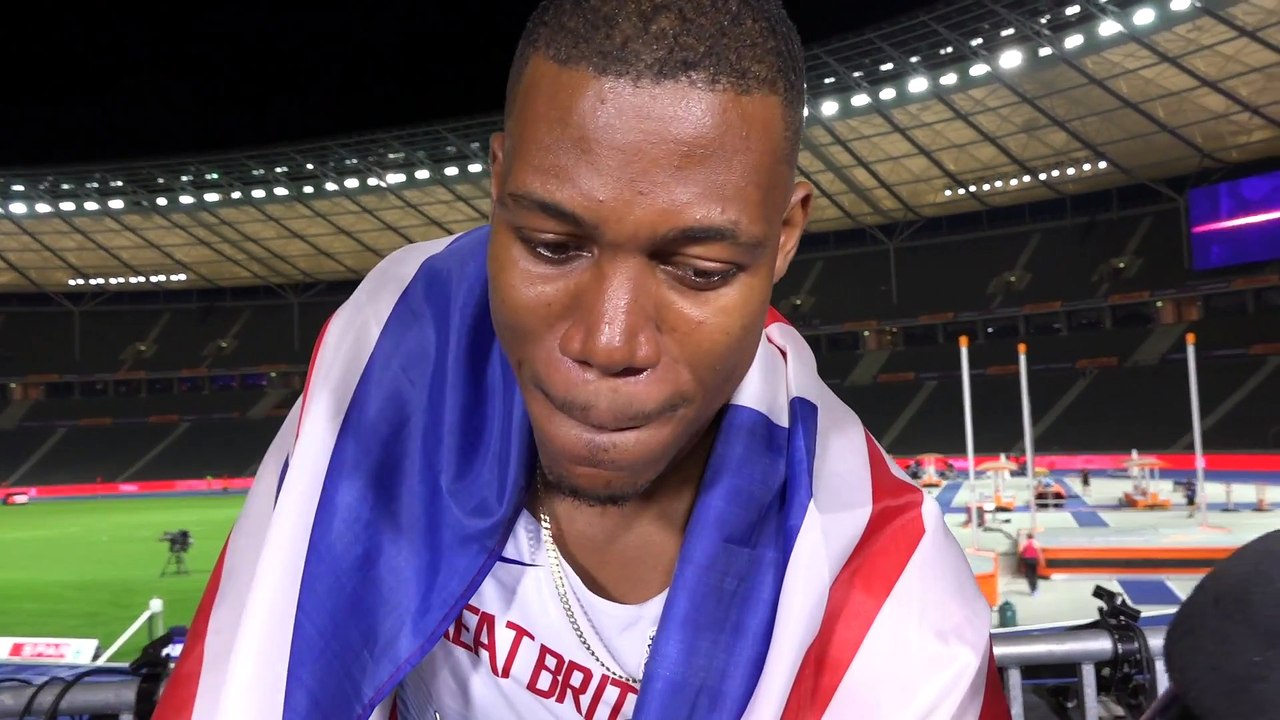 Zharnel Hughes (GBR) after winning Gold in the 100m