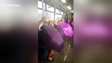 Passengers use umbrellas on leaky train in Philippines after monsoon
