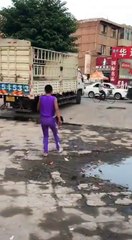 Humorous monster circus driver was chased by dogs