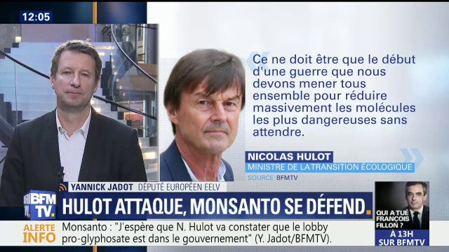 Jadot (EELV) sur les propos de Hulot: J'espère qu'il va constater que le lobby pro-glyphosate est au gouvernement à travers le ministre de l'agriculture