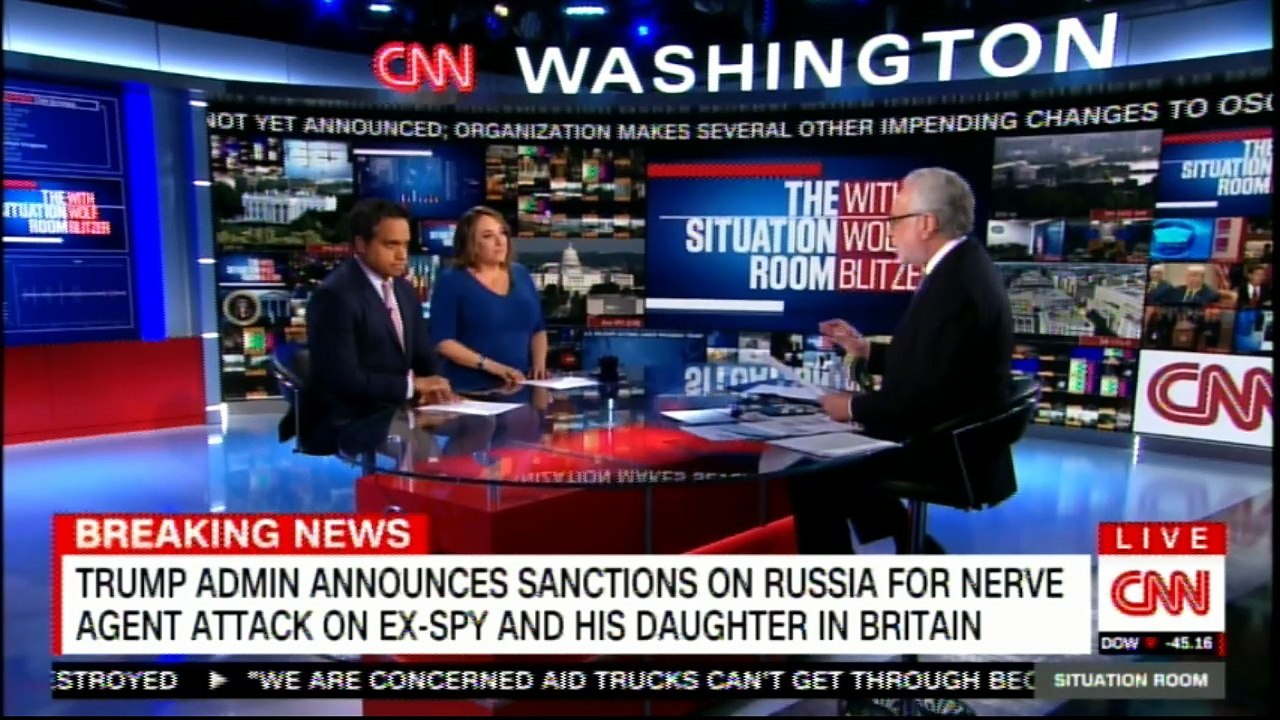 Panel on Donald Trump announces sanctions on Russia for nerve agent attack on Ex-Spy and his daughter in Britain. #DonaldTrump #Breaking #Russia #WolfBlitzer #News #BreakingNews