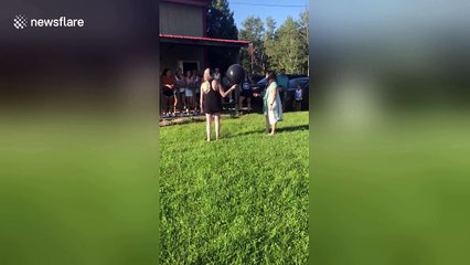 Partygoers scream as gender reveal balloon floats away before it’s popped
