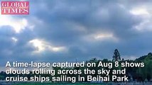 A time-lapse captured on Aug 8 shows clouds rolling across the sky and cruise ships sailing in Beihai Park after the heavy rains in Beijing saved people from th