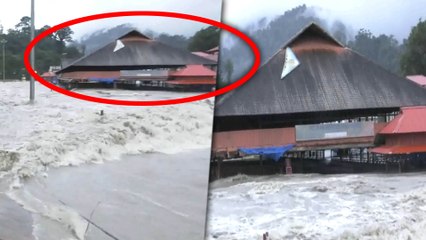 சபரிமலை அய்யப்பன் கோவில் மண்டபத்துக்குள் ஆர்ப்பரித்து செல்லும் வெள்ளம்