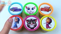 Cups and in them Colored Play Doh Clay, Open and show Surprise Toys Talking Tom Masha Cars