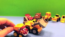 Disney Lightning McQueen and Mater watch bulldozers, excavators & big trucks