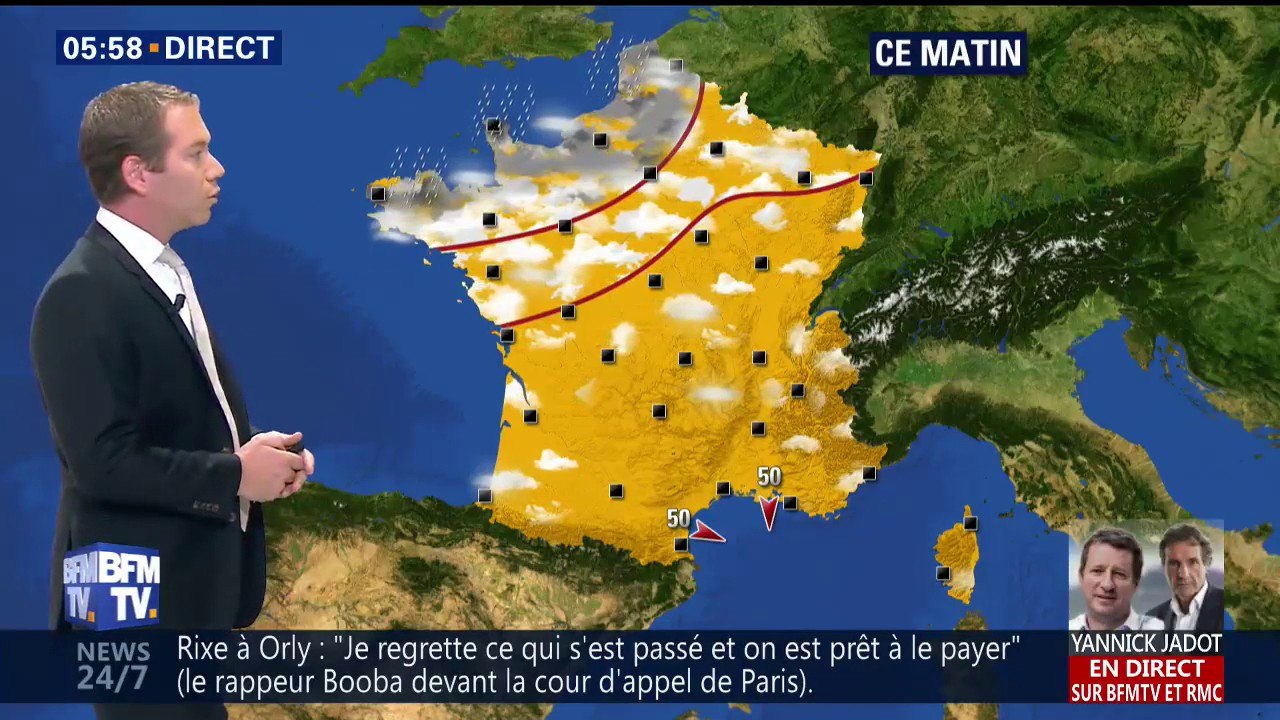 Toujours un petit peu de grisaille sur la moitié nord, mais un beau ciel dégagé pour le sud. Une instabilité se développera néanmoins sur les Alpes dans l'après-midi.