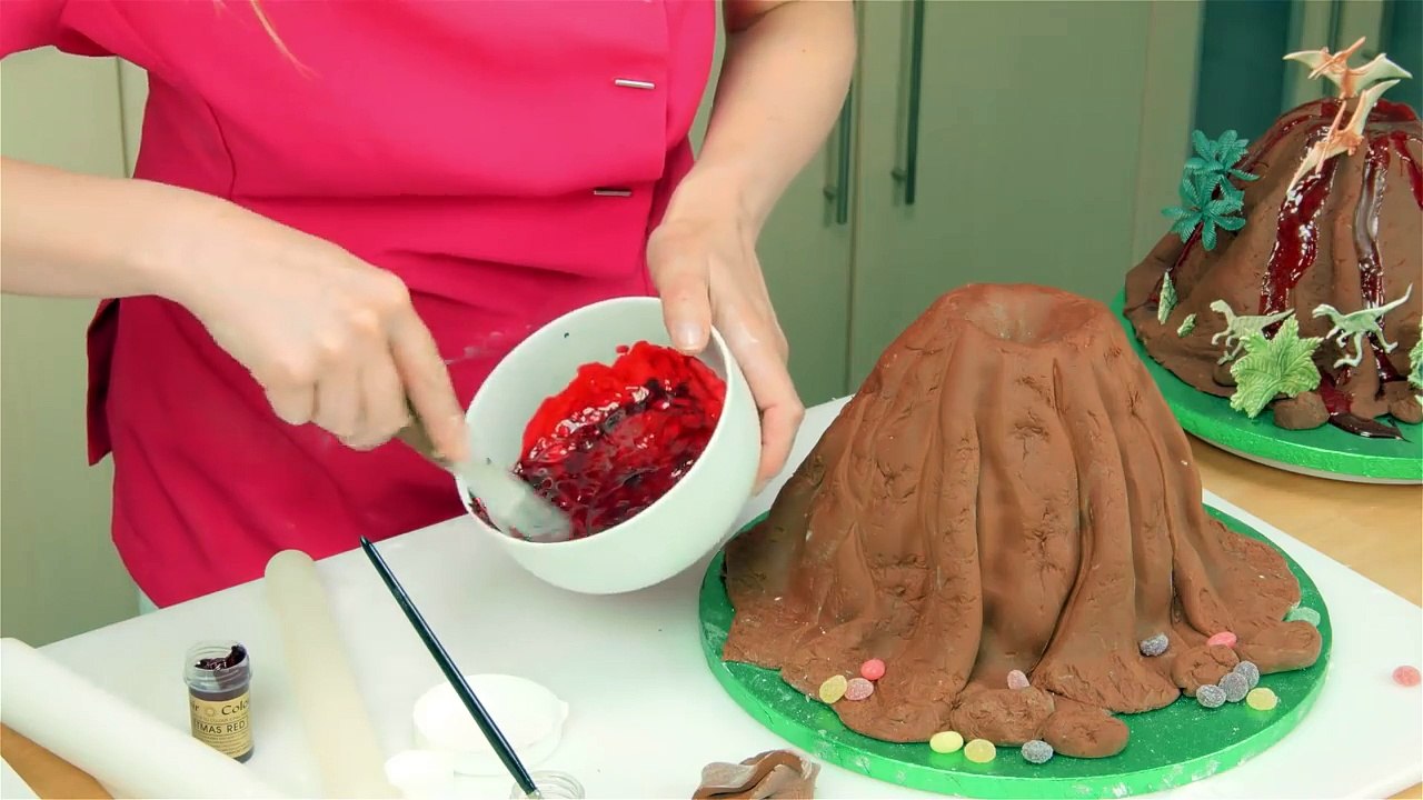 Jurassic Volcano Cake With Lava & Dinosaurs