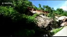 Massive boulder falls on busy motorway during landslide in northern India