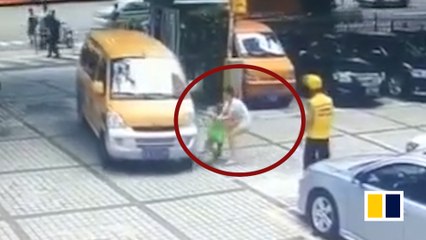 Mother tries pushing son in front of van