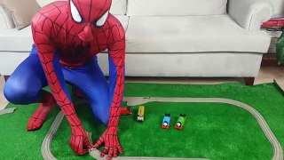 Spiderman Playing with Thomas and Friends Trackmaster Toy Trains in Real Life
