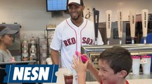 Xander Bogaerts pours Dunkin' coffee for fans before Red Sox game