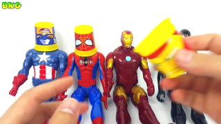 Guess Super Heroes Under Play Doh Cans | Black Spiderman Venom Iron Man Captain America TO