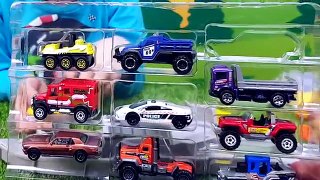 Toy Trucks. Big garage of Matchbox. Fire, police and there are a lot of other machines. Pl