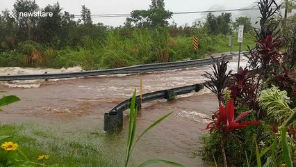 Video shows floodwaters raging on bridge as Hurricane Lane edges closer to Big Island