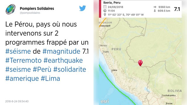 Pérou. Séisme de magnitude 7,1 près de la frontière avec le Brésil.