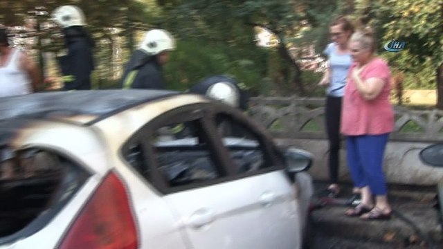 Park halindeki iki otomobil alev alev yandı