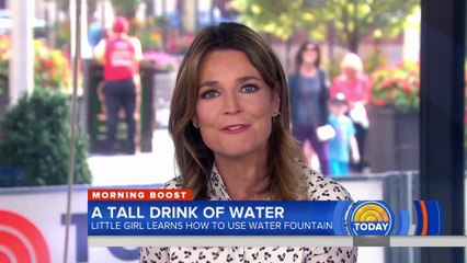 Little girl tries, and adorably fails, to use a water fountain