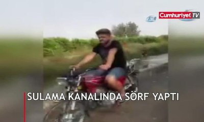 Sulama kanalında sörf yapan Adanalı kamerada