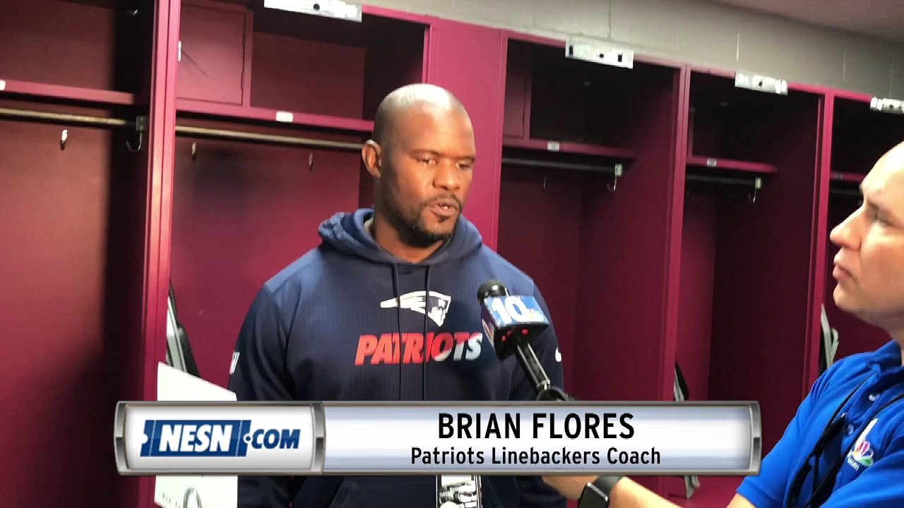 Patriots linebackers coach Brian Flores addresses media