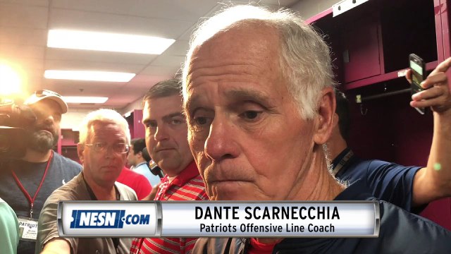 Patriots wide receivers coach Dante Scarnecchia addresses media