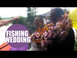 Happy couple renew their wedding vows in fishing themed ceremony