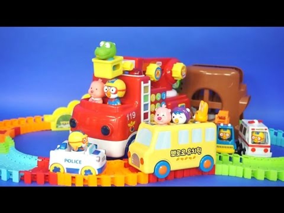 뽀로로 119 멜로디 소방차 장난감 뽀로로 엘리베이터 레일카 & 뽀로로 구조대, 유치원 미니버스 놀이 Pororo Toys мультфильмы про машинки Игрушки