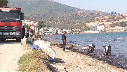 Foça’da denizdeki akaryakıtı temizleme çalışmaları devam ediyor