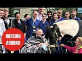 An equestrian who broke her neck when she fell off her horse was reunited- in a hospital car park