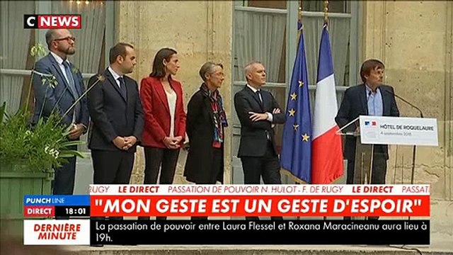 L'ancien ministre de l'Ecologie, Nicolas Hulot, les larmes aux yeux lors de la passation de pouvoir avec François de Rugy - VIDEO