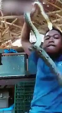 Un jeune joue avec un serpent sur sa tête ! Fail