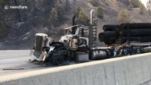 Semi-truck scorched by fire burning dangerously close to Shasta County interstate