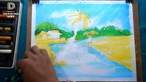 village pond bridge scenery drawing _ oil pastel step by step ( 329)