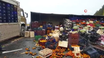 Meyve Yüklü Kamyon Devrildi, Meyveler Yola Dağıldı