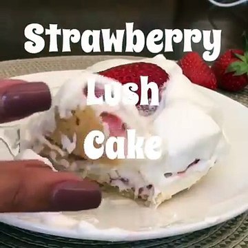 Strawberry Lush Cake brings fresh strawberries, cream cheese, whipped cream and sour cream together in a luscious no bake dessert. Full Recipe Here: