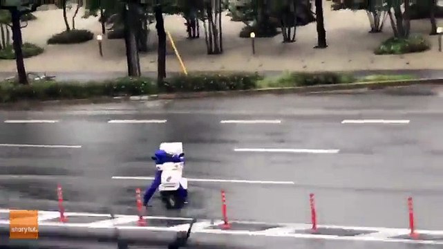 Le livreur de pizza le plus courageux qui affronte le Typhon Jebi au Japon